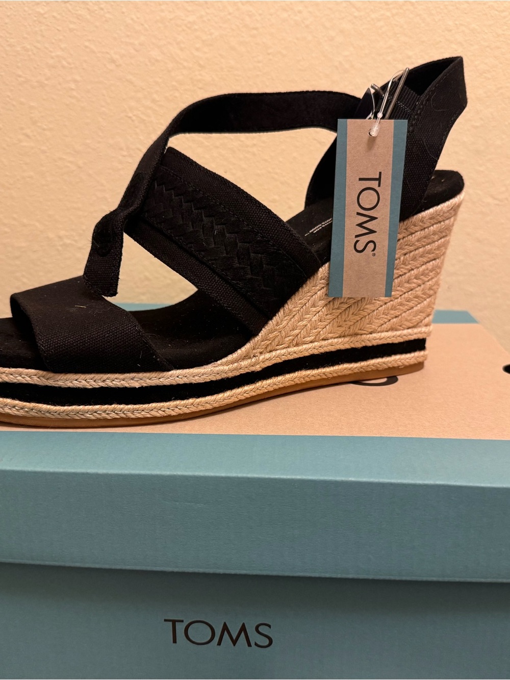 TOMS Black Espadrille Wedge Sandals with Braided Platform